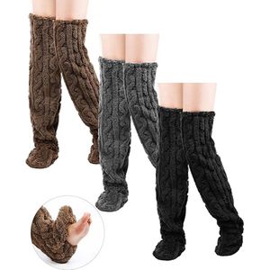Paar overknee pluche sokken, hoge pluche beenwarmers, overknee pluche pantoffels, sokken voor vrouwen voor Kerstmis, slapen