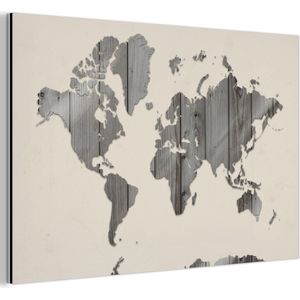 Wanddecoratie Metaal - Aluminium Schilderij Industrieel - Wereldkaart - Beige - Zwart - Wit - 150x100 cm - Dibond - Foto op aluminium - Industriële muurdecoratie - Voor de woonkamer/slaapkamer