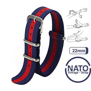 22mm Nato Strap Blauw met Rode streep - Vintage James Bond - Nato Strap collectie - Mannen - Horlogebanden - Blue Red - 22 mm bandbreedte voor oa. Seiko Rolex Omega Casio en Citizen