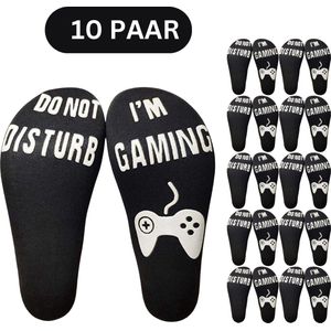 10x Game sokken zwart - met witte antislip opdruk ""Do not disturb, I'm gaming"" - Cadeau voor gamers - 10 paar sokken