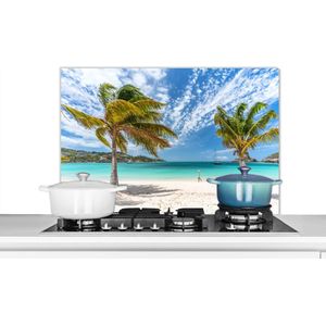 Spatscherm keuken 80x55 cm - Kookplaat achterwand Strand - Palmbomen - Wolken - Muurbeschermer - Spatwand fornuis - Hoogwaardig aluminium