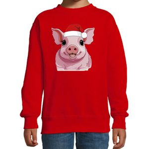 Bellatio Decorations Kersttrui / sweater boerderijdieren - kinderen - Varken - rood - kerstmuts - Kerstmis 98/104