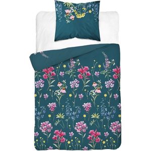 Dekbedovertrek bloemen blauw - katoen satijn - 140x200
