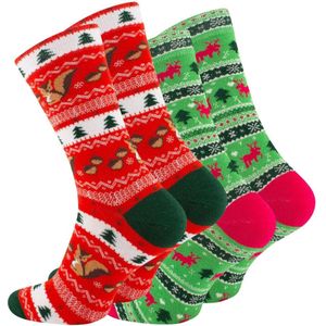 Kerstsokken Set - 2 paar Sokken met Rendieren, Eekhoorns & Kerstbomen - Maat 41-45 - Winter Sokken Groen & Rood
