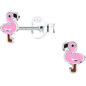 Joy|S - Zilveren baby flamingo oorbellen - 5 x 6 mm - roze - oorknoppen - kinderoorbellen