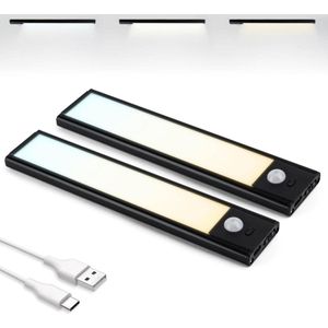 Kastverlichting met Bewegingssensor USB-C Oplaadbaar - Dimbare Led-Strip 3 Kleurtemperaturen - Magnetische Verlichting voor Kasten Gangen Slaapkamers 2 x 20cm Zwart