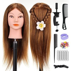 29 inch trainingskop voor kappers oefenhoofd 100% kunstvezel met tafelklem en haarvlechtset (bruin)