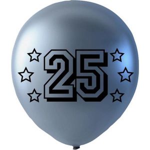 Metallic Zilveren Ballonnen met 25 en sterren opdruk , 6 stuks ,Verjaardag, Jubileum, Feest.