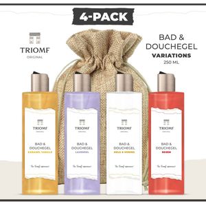 Triomf Original - Bad & Douchegel Deluxe - 250 ML - 4-Pack - Karamel Vanille - Lavendel - Melk & Honing - Rozen - Giftset Showergel Variations - 4 x Douche Gel - Gift voor hem en haar - Cadeau Set- Badkamer Sauna - Wellness Cadeaupakket Nieuw huis