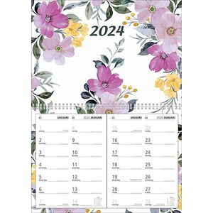 MGPcards - Omleg Maandkalender 2024 - Week begint op Zondag - Bloemen - Pastel Lila