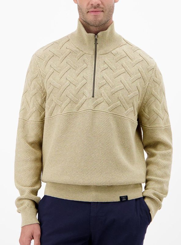 Lerros - Gebreide Trui - Tender Beige Melange - Met Rits en Opstaande Kraag