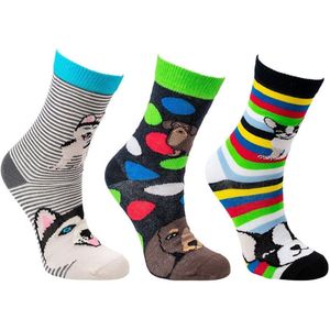 Kindersokken 27-30 | Thema: hondjes | Grappige sokken | Happy socks printjes | Kleur: Grijs | Aantal: 6 paar voordeelpakket