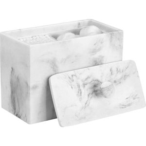 Hars wattenschijfdispenser, wattenstaafjeshouder, make-uporganizer-opbergdoos met deksel voor badzout, Q-tips, katoenen houder voor cosmetische 2 vakken, cosmetica-organizer, grind, wit