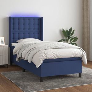 The Living Store Bed One - Boxspring 90 x 200 - Blauw stof - Verstelbaar hoofdbord - LED-verlichting - Pocketvering matras - Huidvriendelijk topmatras - 150 cm LED-strip - USB