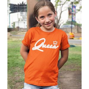 Oranje Koningsdag T-Shirt Kind Queen White (9-11 jaar - MAAT 134/140) | Oranje kleding & shirts | Feestkleding