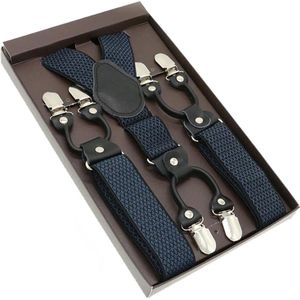Luxe chique bretels - zwart ruit klein lichtblauw - Sorprese - zwart leer - 6 stevige clips - heren - unisex