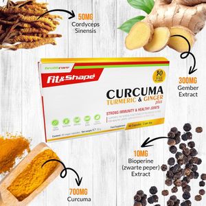 Fit&Shape Curcuma Complex -60 Vcaps- Kurkuma/Curcuma hoog gedoseerd (600mg) met extra Gember & Cordyceps sineis + zwarte peper extract vega capsules