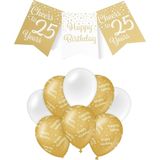 Paperdreams Luxe 25 jaar/Happy Birthday feestversiering set - Ballonnen & vlaggenlijnen - wit/goud