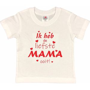 T-shirt Kinderen ""Ik heb de liefste mama ooit!"" Moederdag | korte mouw | Wit/rood | maat 110/116 (XS)