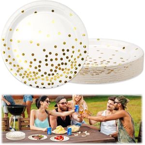 50 stuks Papieren Borden Wit Goud 23 cm - Party Servies Wit Goud voor Feest Verjaardag Bruiloft Nieuwjaar Kinderfeest Jubileum