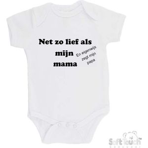 100% katoenen Romper "Net zo lief als mijn mama en eigenwijs zegt mijn papa" Unisex Katoen Wit/zwart Maat 62/68