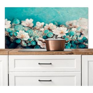 Spatscherm keuken 120x60 cm - Kookplaat achterwand Bloemen - Blauw - Natuur - Wit - Muurbeschermer - Spatwand fornuis - Hoogwaardig aluminium