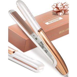 Stijltang en krultang, 2-in-1, een glamoureuze stijltang in roségoud met verstelbare temperatuur en keramische coating voor professionele stijltang en krullen