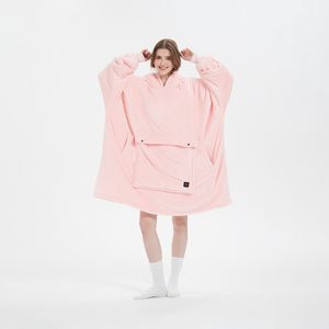 USB verwarmde deken met capuchon, luie deken, winterse pluche dubbellaagse verdikte pyjama voor heren en dames, badjas met capuchon en voorzak,Roze