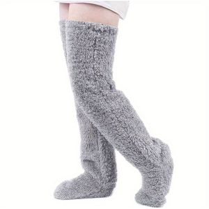 Overknee pluche sokken - 1 paar pluche lange beenhoezen - beenhoezen - overknee sokken - pluche pantoffels - pluche beenhoezen - one size fits all - winterslaapsokken - lichtgrijs