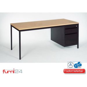 Furni24 Bureau, computertafel, werktafel, tafel incl. onderbak met 2 laden, 140 cm x 80 cm x 75 cm, zwart RAL 9005 / beuken decor