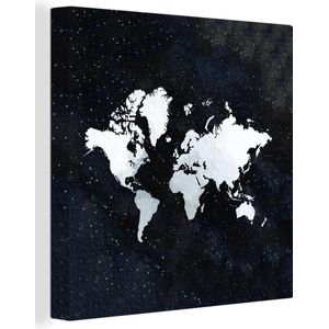 Canvas Wereldkaart - 50x50 - Wanddecoratie Wereldkaart - Sterrenhemel - Wit