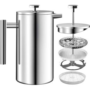 Roestvrij-staal FRENCH PRESS koffiezetapparaat 34oz - Dubbelwandige geïsoleerde cafetière met 3 niveau filtersysteem - 1.0 liter - EXTRA filter Coffee Strainer