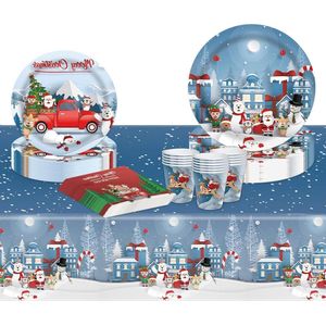 Servies Set Xmas Decoraties Papier Party Cups Servetten Platen Tafelkleed voor Verjaardag - Kerstfeest Levert Decor 16 Gasten (Sneeuwman)