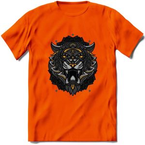 Tijger - Dieren Mandala T-Shirt | Geel | Grappig Verjaardag Zentangle Dierenkop Cadeau Shirt | Dames - Heren - Unisex | Wildlife Tshirt Kleding Kado | - Oranje - 3XL
