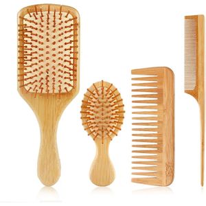 Houten Kam, Antistatische Houten Kam, Verzorgt Haar en Baard, Ideaal voor Baardverzorging Onderweg, Kapperskammen voor elk Haartype, Natuurlijke Bamboe Kam(4PCS)