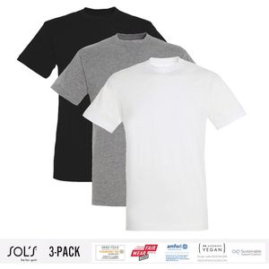 3 Pack Sol's Heren T-Shirt 100% biologisch katoen Ronde hals Zwart, Grijs en Wit Maat M