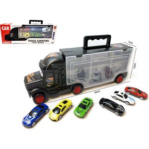 Vrachtwagen transporter truck - speelgoed mini auto's - transporter 6-delig set koffer - Oplegger - 34CM