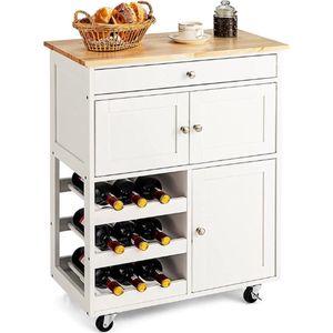 Keukentrolley, serveerwagen keukeneiland trolley met rubberen houten blad, lade, 3 rijen wijnrekken, 2 kasten, rollend opslag trolley kar, keukenwagen opbergwagen ideaal voor restaurant, keuken, bar te gebruiken (Wit)