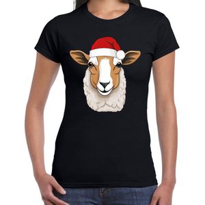 Bellatio Decorations Kerst T-shirt voor dames - schaap met kerstmuts - zwart - Kerstfeest XS