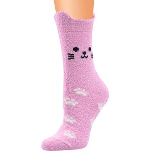 Fluffy dames sokken - huissokken - roze - paars - leuke print kat - 36 - 40 - cadeau voor haar - geschenk vrouwen - gift