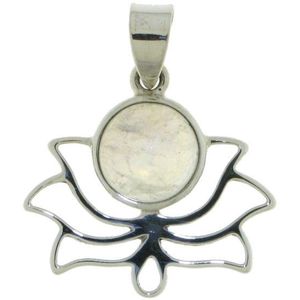 SilverGems Lotus hanger, zilveren hanger met cabouchon geslepen ronde Regenboog Maansteen edelsteen