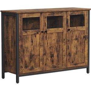 Hoppa! dressoir, keukenkast, opbergkast, met glazen deuren, voor woonkamer, keuken, eetkamer, stalen frame, industriële stijl, vintage bruinzwart