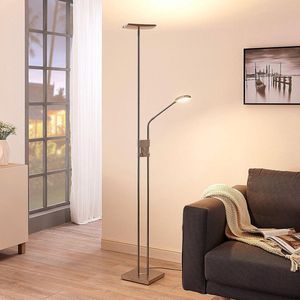 Lindby - LED vloerlamp- met dimmer - 2lichts - Metaal - H: 180 cm - satijn nikkel - Inclusief lichtbronnen