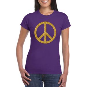 Toppers Paars Flower Power t-shirt gouden glitter peace teken dames - Sixties/jaren 60 kleding XL