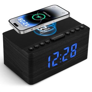 Neveda Digitale Wekkerradio Met Draadloze Oplader Telefoon - Wekkers digitaal op netstroom - Klokradio Slaapkamer - Voor kinderen & Volwassenen - Zwart houtlook