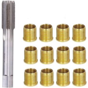 Bougie schroefdraad reparatie set - 13 stuks - 12 stuks M14 schroefinzetstukken en 1 stuk M16 Bougiesleutels - Handmatige - Metaal - Goud en zilver - Voor het repareren van beschadigde schroefdraadgaten van bougie