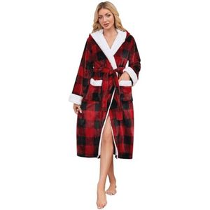 Yuson Girl Flanellen ochtendjas voor dames, lange pluche fleece badjas met capuchon, warme winterbadjas voor vrouwen, zachte pluizige loungewear tartan geruit patroon spa nachtkleding
