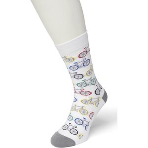 Bonnie Doon Dames Sokken met Fiets Print maat 36/42 Wit - Thema Sokken - Fietsen - Cadeau Sokken - Word je Happy en vrolijk van - Zacht Katoen met Gladde Teennaad - Comfortabel - Perfect Cadeau - Bright White - BT991103.160
