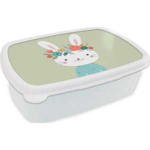 Broodtrommel Wit - Lunchbox Konijn - Zomer - Bloemen - Brooddoos 18x12x6 cm - Brood lunch box - Broodtrommels voor kinderen en volwassenen