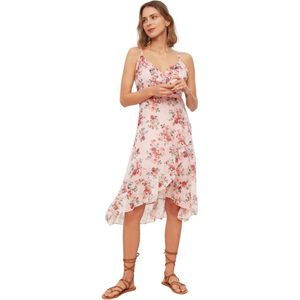 Trendyol Poederkleurige Bloemen Dubbele Rij Knopen Midi Chiffon Gevoerd Geweven Jurk Twoss19El0375